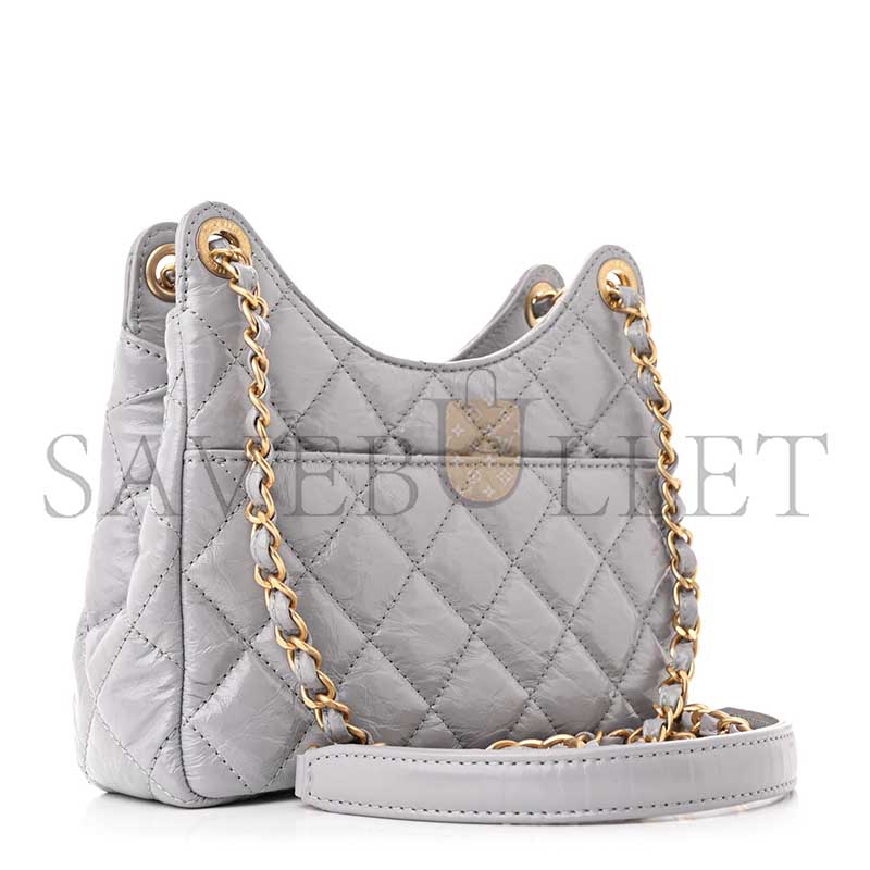CHANEL SHINY CRUMPLED CALFSKIN QUILTED SMALL WAVY CC HOBO GREY AS4323 (19*17*6cm)